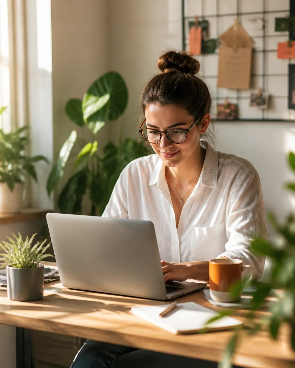 Independent entrepreneur working on a laptop in a warm creative workspace